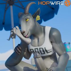 1:1 2025 anthro artist_logo artist_name beverage beverage_can bottomless bovid caprine chug_splash clothed clothing coffee_stain_studios crop_top ear_piercing ear_tag epic_games erection feet fingers foot_fetish foot_on_face foot_on_own_face foot_play fortnite ftm_crossgender fur genitals goat goat_simulator grey_body grey_fur hi_res hooved_fingers hooves hopwiresfm_(artist) horizontal_pupils horn humanoid_feet logo male mammal muscular muscular_anthro muscular_male outside parasol penis piercing pilgor_(goat_simulator) plantigrade pubes pupils rule_63 shirt signature sitting sky soda solo text text_on_clothing text_on_shirt text_on_topwear tongue tongue_out topwear yellow_eyes