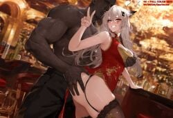 1boy ai_generated alternate_costume animal_ears arknights ass ass_grab bangs bare_shoulders black_clothes black_dress black_gloves black_legwear black_panties black_thighhighs black_underwear blush breast_grab breasts china_dress chinese_clothes cleavage_cutout clothing clothing_cutout dark-skinned_male dark_skin dress duxvector female garter_straps gloves grabbing grabbing_another's_breast grey_eyes grey_hair grin groping hair_ornament hairclip indoors interracial lappland_(arknights) large_breasts legwear lingerie long_hair looking_at_viewer male muscular netorare nipple_tweak ntr nude pantsu red_dress scar scar_across_eye scar_on_face sleeveless sleeveless_dress smile solo_focus straight tail teeth thighhighs thighs underwear v white_hair wolf_ears