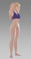 1girls armpits arms_above_head blonde_hair blue_eyes bottomless feet female fit fit_female full_body metroid mole_under_mouth nintendo pomelomelon samus_aran solo solo_female variant