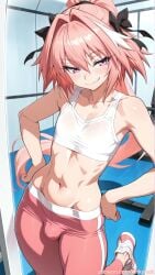 ai_generated anime_style anthro_trap astolfo athletic black_bow blush build bulge fang_smile fate/apocrypha femboy gym gymwear kinkyfuel looking_at_viewer male pink_pants ponytail reflection solo spandex sweaty tight_pants visible_penis white_sports_bra