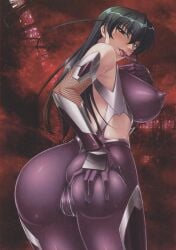 1girls ass ass_grab ass_press back big_ass big_breasts bodysuit breasts busty butt_crack cameltoe come_hither covered_nipples curvy erect_nipples_under_clothes fat_ass female female_focus female_only finger_to_mouth from_behind green_eyes green_hair half-closed_eyes highres horny horny_female huge_ass igawa_asagi kagami_hirotaka large_breasts legs lilith-soft long_hair looking_at_viewer looking_back naughty_face nipples no_bra open_mouth saliva scan seductive seductive_look seductive_smile sensual sexy sexy_pose shiny_clothes sideboob smile solo source_request sweat taimanin_(series) taimanin_asagi thighs tongue tongue_out voluptuous