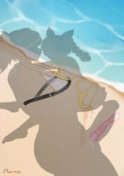 2girls absurdres beach bikini condom cum dressed_shadow_(meme) fawn_(norza) futanari highres implied_after_sex meme multiple_girls norza original pussy_juice sand scarlet_(norza) shadow silhouette swimsuit unworn_bikini used_condom