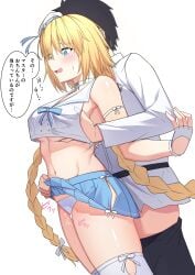 1boy absurdres bare_shoulders beret black_hair black_pants blonde_hair blue_eyes blue_skirt blush braid breasts censored chaldea_uniform choker clothes_lift crop_top crop_top_overhang fate/grand_order fate_(series) female fingerless_gloves fujimaru_ritsuka_(male) gloves grabbing_another's_breast grinding groping hat highres jeanne_d'arc_(fate) jeanne_d'arc_(mystery_treasure)_(fate) jeanne_d'arc_(swimsuit_archer)_(fate) large_breasts long_hair long_sleeves low_twin_braids male midriff mini_hat natu_zame navel open_mouth panties pants penis pleated_skirt sailor_collar shirt short_hair skirt speech_bubble straight thigh_sex thighhighs thighs translation_request twin_braids underwear very_long_hair white_gloves white_hat white_panties white_shirt white_thighhighs