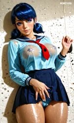 1girls ai_generated bare_thighs blouse blue_eyes blue_hair breasts breasts_visible_through_clothing cameltoe disney disney_channel eyebrows eyelashes eyeliner eyeshadow female g-string hi_res ladybug_(character) large_ass large_breasts marinette_cheng marinette_dupain-cheng miraculous:_tales_of_ladybug_and_cat_noir miraculous_ladybug nipples_visible_through_clothing schoolgirl_uniform shiny_skin shiny_thighs skirt solo solo_female solo_focus standing thick_thighs translucent_clothing twintails waifufamily wet wet_body wet_skin