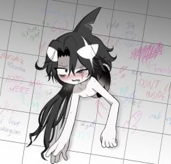 1boy accurate_art_style arched_back bags_under_eyes black_eyes blush dark_hair fangs funamusea glory_hole horny horoka implied_sex male male_focus male_only nipples no_clothes okegom one_eye_closed open_mouth sweat takama toilet white_skin
