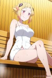 ai_generated big_breasts blonde_hair breasts capella_emerada_lugunica female legs legs_crossed pinku.ai re:zero_kara_hajimeru_isekai_seikatsu sauna sitting smiling solo succubus sweat sweatdrop sweating towel towel_only