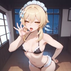 1girls ai_generated belly bikini bikini_bottom bikini_top black_bikini breasts fellatio_gesture female female_focus female_only genshin_impact indoors lumine_(genshin_impact) maid open_mouth small_breasts tongue tongue_out