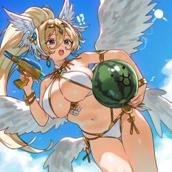beach bikini breasts ebora goddes_of_ligth_sirius goddess huge_breasts light of sea sirius the_battle_cats water watermelon wings