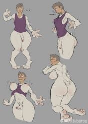 anthro ass big_breasts big_butt bonktubaroa breast_growth breasts clothing futanari gender_transformation genitals grey_background growth gynomorph hi_res human human_to_anthro humanoid intersex male mammal mid_transformation mtg_transformation mti_transformation nipples nude penis rear_view shirt simple_background solo species_transformation tank_top topwear transformation white_body