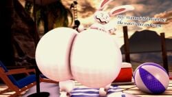 2024 3d_(artwork) anthro ass ball beach beach_ball beach_towel big_butt dialogue digital_media_(artwork) doppoartz english_description english_text exclamation_point fur hand_on_butt huge_butt hyper hyper_butt inflatable lagomorph leporid male mammal max_(sam_and_max) pink_nose rabbit rear_view sam_and_max sharp_teeth small_tail smile solo tail teeth text towel white_body white_fur