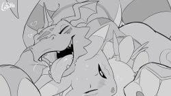 3_fingers ambiguous_gender ambiguous_penetrated ambiguous_penetration animated anthro bandai_namco biped blush closed_eyes digimon digimon_(species) duo erection eyebrows fingers fur genitals guilmon heart_symbol hi_res lapatte male male/ambiguous male_penetrating male_penetrating_ambiguous monochrome open_mouth penetration penile penile_penetration penis renamon sex tail teeth tongue tongue_out