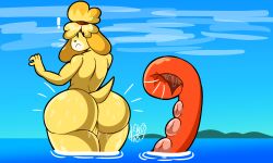 animal_crossing anthro ass assisted_exposure beady_eyes big_butt black_eyes black_nose canid canine canis domestic_dog eyelashes female floppy_ears fur genitals hi_res huge_butt isabelle_(animal_crossing) leirnabs looking_back lop_ears mammal nintendo nude oblivious partially_submerged pussy rear_view red_tentacles shih_tzu solo standing_in_water stolen_clothing tentacle thick_thighs toy_dog wet white_body white_fur wide_hips yellow_body yellow_fur