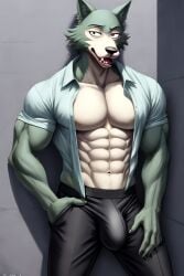 ai_generated ai_upscaled big bulge hand_in_pocket legoshi_(beastars) male male_only muscular muscular_male netflix open_shirt pants shirt solo tight_pants