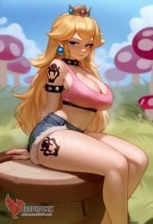1girls 2d ai_generated ass back bare_shoulders big_ass big_breasts blonde_hair blue_eyes collar corrupted corruption crown day denim_shorts erophoenix evil_grin evil_smile female female_focus full_body fur_lined_shorts jewelry long_hair looking_at_viewer mario_(series) nintendo outdoors pale_skin pale_skinned_female patreon_username princess_peach shorts sitting sky smile solo sports_bra super_mario_bros. super_smash_bros. thick thick_thighs uncensored