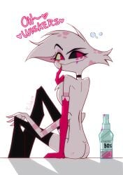 alcohol alcohol_bottle alcoholic_drink angel_dust_(hazbin_hotel) anthro anthro_cat anthro_only arm_warmers armwear ass beer beer_bottle black_socks black_thigh_highs black_thigh_socks black_thighhighs catboy cuntboy drunk drunk_male functionally_nude functionally_nude_male gay hazbin_hotel heart heart_symbol heterochromia high_gloves imminent_sex intersex looking_at_viewer looking_back rukan