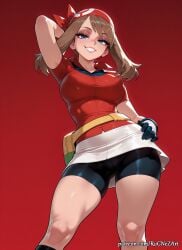 1girls 2026 ai_generated anime arm_behind_head arm_up ass_visible_through_thighs bandana bangs bike_shorts black_socks blue_eyes breasts brown_hair cameltoe cleavage covered_nipples crossover eye_contact fanny_pack female female_focus female_only gloves grin hand_on_hip handwear highres huge_breasts large_breasts looking_at_viewer may_(pokemon) nintendo nsfw patreon patreon_username pokemon pokemon_rse red_background red_bandana red_shirt rognezart shirt short_sleeves shorts skirt smile smiling solo teeth white_skirt