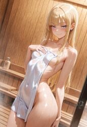 1girls ai_generated blonde_hair blue_eyes blush dutch_angle female female_only hime_cut hime_girl_(jamesbron) jamesbron long_hair looking_at_viewer navel no_bra no_panties nude sauna seductive seductive_pose small_breasts smile smug solo solo_female standing sweat thighs towel wet wet_body wet_hair wet_skin wide_hips