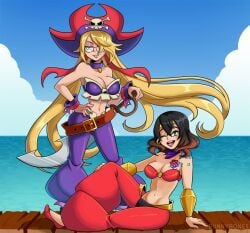 2d 2d_(artwork) 2d_artwork bandana bandana_on_neck bangs bangs_over_one_eye bare_arms bare_midriff bare_shoulders belly_button belly_dancer belly_dancer_outfit belt belt_buckle bikini bikini_top black_hair blonde_female blonde_hair bloodstained:_ritual_of_the_night blue_eyes boots bra bracelet brooch brown_belt brown_boots bunnybones chocker cleavage cloud clouds collar crossover crossover_cosplay cuffs cutlass cutlass_(sword) dancer dancer_class dancer_girl dancer_outfit dock docks dominique_baldwin_(bloodstained) ear_piercing earrings eyelashes genie_outfit glasses glasses_on_face gold_(metal) gold_belt gold_bracelets gold_brooch gold_ear_piercing gold_ear_ring gold_earring gold_earrings gold_headband gold_headwear gold_jewelry golden_belt golden_bracelets golden_ear_ring golden_earrings golden_headband golden_headwear half_genie harem harem_girl harem_jewelry harem_outfit harem_pants hat headband headgear headwear highlights_(coloring) hoop_earrings hourglass_figure hourglass_figured_female indie_game inner_sideboob light-skinned_female light_skin lipstick long_hair midriff miriam_(bloodstained) navel open_mouth orange_highlights overboob oversized_brlt pants pink_lips pink_lipstick pirate pirate_hat pov pov_eye_contact pov_male puffy_pants purple_bandana purple_bandanna purple_bikini purple_bikini_top purple_bra purple_choker purple_collar purple_cuffs purple_pants red_bandana red_bandanna red_bikini red_bikini_top red_bra red_harem_pants red_shoes risky_boots_(cosplay) seaside shantae_(cosplay) shoes skull skull_bikini skull_mask sky smirk smirking smirking_at_viewer sword tattoo tattoo_on_arm tattoo_on_chest tattooed_arm tattooed_chest tattoos thick_thighs wayforward wink winking_at_viewer