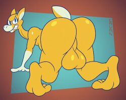 abstract_background all_fours animated anthro ass balls big_balls big_butt blue_eyes bouncing_balls deer digital_drawing_(artwork) digital_media_(artwork) full_frontal_frog fur gavanzude genitals glistening glistening_balls glistening_butt glistening_genitalia hi_res long_neck male male_only mammal markings nude o'deere oh_so_hero! shaking_butt signature smug solo white_markings yellow_body yellow_fur
