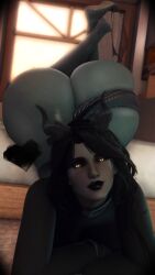 3d ass black_lipstick bottomless dark_skin dragon_girl dragon_horns dragon_tail final_fantasy final_fantasy_xiv freckles freckles_on_ass gpose(ffxiv) grey_skin horns huge_ass sinilyra sinilyra_kaer'vaas tagme tail turtleneck yellow_eyes