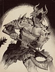 action_pose ama_dench_art anthro axe balls claws finger_claws genitals glans hi_res horn humanoid_genitalia humanoid_penis male male_only monochrome muscular muscular_male open_mouth penis pose scalie solo spikes spikes_(anatomy) tail teeth