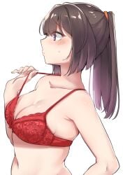 1girls absurdres akizuki_(kancolle) black_hair blush bra breasts collarbone female from_side highres kantai_collection kiritto long_hair medium_breasts navel ponytail purple_eyes red_bra simple_background solo underwear underwear_only upper_body white_background