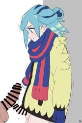 2boys bar_censor blue_mittens blue_scarf censored closed_mouth commentary_request feminine from_side grusha_(pokemon) hair_bun highres jacket long_hair long_sleeves looking_at_penis looking_down male_focus min_(myna8247) mittens multiple_boys penis penis_size_difference pokemon pokemon_sv precum scarf signature striped_clothes striped_scarf sweatdrop testicles trembling veins veiny_penis yaoi yellow_jacket