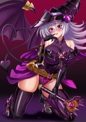 alternate_costume big_breasts corruption dark_magician_girl dark_persona demon_girl demon_tail demon_wings purple_eyes pussy_juice succubus tagme wand yu-gi-oh!