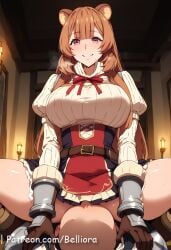1boy ai_generated anus ass bedroom belliora big_ass big_breast blush breasts brown_hair female female_on_top indoor_sex licking_pussy naked pink_eyes pussy racoon_girl raphtalia sex_on_bed sitting sitting_on_male_face smile smiling spread_ass tail