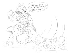 anthro armpit_hair balls belt_buckle belt_on_penis big_balls big_penis big_weapon bludgeon_(weapon) bludgeoning body_hair body_weapon boss boss_fight broken_chain buckle cockslap cuff_bracelet cuff_links demonskunk_(artist) english_text fapp fur furry_balls genitals gnoll gnoll_(baldur's_gate) huge_balls huge_cock humanoid_genitalia humanoid_penis hyena hyper hyper_balls hyper_genitalia hyper_penis leg_armor male mammal melee_weapon min_(artist) nipples penis sharp_teeth slap solo speech_bubble spiked_shoulder_guard swinging_penis tail teeth text vein veiny_penis weapon weaponized_penis