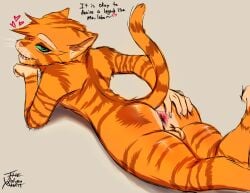 absurd_res anthro anus ass backsack balls bedroom_eyes butt_grab dialogue digital_media_(artwork) domestic_cat dreamworks felid feline felis fur genitals green_eyes hand_on_butt heart_symbol hi_res legs_up looking_at_viewer looking_back lying male mammal narrowed_eyes nude on_front open_mouth orange_body orange_fur presenting puss_in_boots_(dreamworks) puss_in_boots_(franchise) raised_tail seductive simple_background smile solo spread_anus spread_butt spreading tabby_cat tail text thewolvenmisfit
