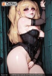 against_wall ai_generated areolae armband ass bangs bare_shoulders belt black_dress blonde_hair blunt_bangs blush bottomless breasts corset detached_sleeves dollmaker dress dress_lift eyebrows_visible_through_hair female female_pubic_hair fingering heart heart-shaped_pupils lips long_hair looking_at_viewer medium_breasts nipples no_panties on_side pubic_hair pussy red_eyes scar scar_across_eye scar_on_face smile solo sweat tagme thighs tiles two_side_up