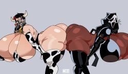 2girls adriana_imai ass_to_ass behemaid big_breasts breasts cow_print dark-skinned_female dark_skin dead_by_daylight female female_ghostface female_only ghostface hood huge_ass huge_breasts light-skinned_female light_skin looking_at_another mask massive_breasts nightmare_waifu scream_(franchise) shiny_skin the_milk_merchant the_skull_merchant yeehawt0wn