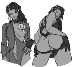 areolae1girls breasts dark-skinned_female dark_skin dress earrings female fingerless_gloves flhour gloves hand_on_hip league_of_legends looking_at_viewer looking_back mole monochrome panties presenting riot_games samira_(league_of_legends) sketch solo solo_female thick_thighs two_tone_hair vagina