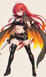 abs ai_generated alternate_breast_size cleavage latex midriff muscular muscular_female navel red_eyes red_hair shakugan_no_shana shana sword weapon