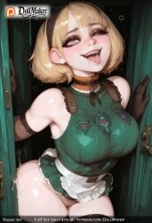 ? ai_generated apron bare_shoulders blonde_hair blush breast_press breasts brown_eyes choker dollmaker female frilled_apron gloves hairband heart heart-shaped_pupils large_breasts one_eye_closed open_mouth saliva short_hair smile solo symbol-shaped_pupils tagme thick_thighs thighhighs thighs tongue tongue_out