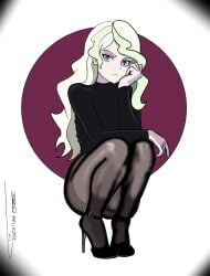 1girls artist_signature black_sweater blonde_hair blue_eyes diana_cavendish high_heels ironsiderodger legs light-skinned_female light_skin little_witch_academia nylons sweater tights