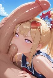 1boy 1girls absurdres ai_generated aiya_ayai balls blonde_hair blue_one-piece_swimsuit blue_sky blue_swimsuit breasts cagliostro_(granblue_fantasy) drooling erection fellatio female flower_in_hair granblue_fantasy hair_flower hair_ornament hand_on_another's_thigh handjob heart-shaped_eyewear heart-shaped_pupils hi_res highres holding_penis huge_cock large_penis long_hair looking_up male naughty_face one-piece_swimsuit oral oral_sex outdoors penis penis_on_face petite ponytail purple_eyes red_bow sailor_collar saliva saliva_trail sidelocks size_difference small_breasts sucking sucking_testicles swimsuit testicles wet