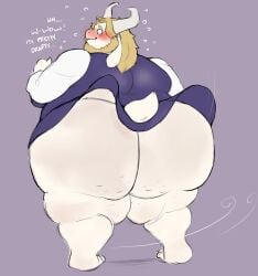 2025 2_horns absurd_res anthro asgore_dreemurr ass baconbearart beard big_butt blonde_beard blonde_facial_hair blonde_hair blush bovid caprine clothed clothing clothing_lift crossdressing dialogue dress dress_lift embarrassed english_description english_text exclamation_point facial_hair fur goat hair hi_res horn looking_back male mammal morbidly_obese morbidly_obese_anthro morbidly_obese_male purple_background purple_clothing purple_dress rear_view simple_background small_tail solo standing tail text thick_thighs undertale_(series) white_body white_fur
