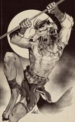 ama_dench_art anthro athletic athletic_anthro athletic_male balls borzoi bottomwear canid canine canis claws clothing domestic_dog fangs flaccid foreskin fur genitals glans hair hi_res humanoid_genitalia humanoid_penis hunting_dog loincloth male male_only mammal melee_weapon penis polearm sighthound teeth uncircumcised weapon