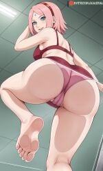 against_glass aged_up ai_generated ass ass_on_glass barefoot bigmic145 boruto:_naruto_next_generations bra breasts cameltoe female female_only foot_fetish foot_on_glass glass medium_breasts naruto naruto_(series) panties pink_hair sakura_haruno short_hair soles tease teasing toes