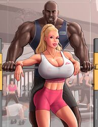 1boy 1girls bimbo blonde_hair cleavage coach_black coxville_stories dark-skinned_male female gym gym_clothes harold_summers imminent_sex interracial ivana_swallows jenny_summers john_persons large_breasts muscular_male skindentation sports_bra tagme temogam