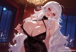 ai_generated azur_lane balecxi bare_shoulders black_dress blush breasts cleavage clothes_pull criss-cross_halter female graf_zeppelin_(azur_lane) hair_between_eyes halter_dress halterneck heart huge_breasts indoors long_hair looking_at_viewer night red_eyes smile solo sweat white_hair