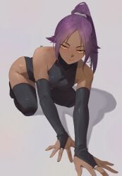 1girls bent_over black_bodysuit bleach bodysuit dark-skinned_female dark_skin izei1337 looking_at_viewer ponytail purple_hair shihouin_yoruichi sitting smiling smiling_at_viewer solo solo_female thigh_highs thighhighs yellow_eyes
