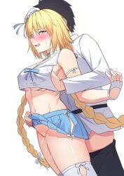 1boy absurdres bare_shoulders beret black_hair black_pants blonde_hair blue_eyes blue_skirt blush braid breasts chaldea_uniform choker clothes_lift crop_top crop_top_overhang cum cum_overflow fate/grand_order fate_(series) female fingerless_gloves fujimaru_ritsuka_(male) gloves grabbing_another's_breast groping hand_under_clothes hat heart heart-shaped_pupils highres hip_vent jeanne_d'arc_(fate) jeanne_d'arc_(mystery_treasure)_(fate) jeanne_d'arc_(swimsuit_archer)_(fate) large_breasts lifting_another's_clothes long_hair long_sleeves low_twin_braids male midriff mini_hat miniskirt natu_zame navel no_panties open_mouth pants pleated_skirt sailor_collar sex sex_from_behind shirt short_hair skirt skirt_lift smile straight symbol-shaped_pupils thighhighs thighs twin_braids underboob very_long_hair white_gloves white_hat white_shirt white_thighhighs