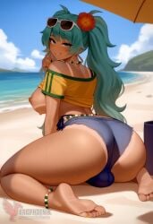 1girls 2d ai_generated aqua_hair ass barefoot big_ass big_breasts bikini bracelet brazilian_miku breasts dark-skinned_female earrings erection erophoenix eyewear_on_head feet full_body futanari grin hair_flower hair_ornament hatsune_miku huge_breasts jewelry kneeling large_penis long_hair looking_at_viewer looking_back nail_polish patreon_username penis shorts smile soles solo solo_female sunglasses swimsuit tan tellow_shirt testicles thick thick_thighs toes uncensored vocaloid