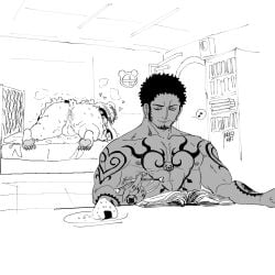 after_anal after_sex anthro anus bear belly bepo_(one_piece) bodily_fluids clothed clothing crossdressing cum cum_in_ass cum_inside duo food gaping gaping_anus genital_fluids hi_res human maid_uniform male male/male male_only mammal nekokat42 nude one_piece onigiri overweight polar_bear rice size_difference trafalgar_law uniform ursine