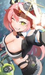 1girl 1other absurdres amillion_(zenless_zone_zero) black_ribbon breasts clothing_cutout coin commentary_request crop_top earrings from_above green_eyes hair_ornament hair_ribbon hairclip heart heart_earrings heart_necklace highres holding holding_coin jewelry large_breasts long_hair looking_at_viewer mole mole_on_breast mole_under_eye necklace nicole_demara one_eye_closed pink_hair ribbon shorts shoulder_cutout smile strapless tube_top two_side_up white_tube_top zenless_zone_zero