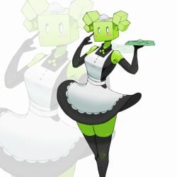 1girls arm_sleeves blush condom condom_wrapper cube_head dress female green_body green_skin maid maid_headdress maid_outfit maid_uniform mario_(series) megamor mimi_(super_paper_mario) naughty_face paper_mario pigtails simple_background skirt socks white_eyes