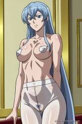 akame_ga_kill! athletic belly_button big_breasts blue_hair breasts breasts_bigger_than_head covered_nipples esdeath_(akame_ga_kill!) hairy_pussy pantyhose pinku.ai pubic_hair pussy see-through see-through_clothing